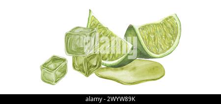 Cubetti di ghiaccio con succo di lime e acquerello, fette di lime. Agrumi, succo, acqua. Illustrazione botanica di ingredienti mojito per menu, cocktail party Foto Stock