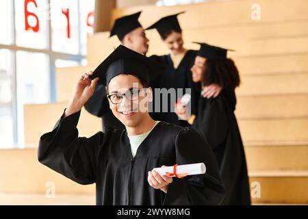 Un uomo di origini diverse celebra la laurea in un berretto e in un abito, mostrando con orgoglio il suo diploma. Foto Stock