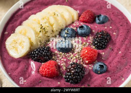 Ciotola per frullati di frutti di bosco sani fatti in casa con banana e canapa Foto Stock