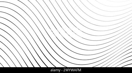 Linee nere ondulate che vanno da sottili a spesse. Onde striate disegnate con inchiostro. Sfondo geometrico astratto con struttura della superficie acquosa monocromatica. Vettore Illustrazione Vettoriale