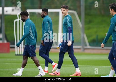 Londra, Colney, Regno Unito. 8 aprile 2024. Kai Havertz dell'Arsenal durante la sessione di allenamento della squadra dell'Arsenal in vista della partita di calcio della prima tappa di UEFA Champions League contro il Bayern Monaco all'Arsenal FC Training Centre, London Colney, Inghilterra, Regno Unito l'8 aprile 2024 Credit: Every Second Media/Alamy Live News Foto Stock