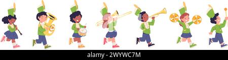 Sfilata di bande di bambini. Bambini musicisti in marcia con trombone trombone tromba corno o tamburo, giovane marcia militare carino cartoni animati animazione musicale per bambini, illustrazione vettoriale della marcia per bambini Illustrazione Vettoriale