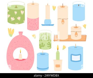 Set di candele profumate di diverse forme. Cera, soia, candele di paraffina in vaso, colonna per contenitori. Accessori per aromaterapia per la collezione relax. Pagina iniziale Illustrazione Vettoriale