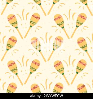 Motivo Maraca senza cuciture. Gli strumenti musicali messicani ripetono lo sfondo. Copertina infinita per accessori tradizionali Festival. Semplice ornamento ad anello. Mano piatta vettoriale Illustrazione Vettoriale