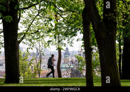 Praga, Repubblica Ceca. 8 aprile 2024. Un uomo cammina attraverso il parco Letenske Sady con il caldo sole, Praga, Repubblica Ceca, 8 aprile 2024. Crediti: Ondrej Deml/CTK Photo/Alamy Live News Foto Stock