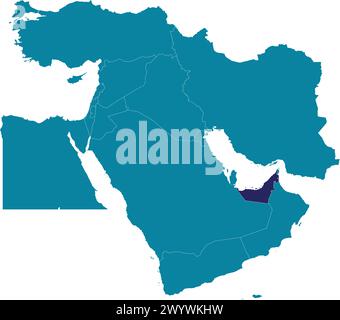 Mappa viola degli EMIRATI ARABI UNITI all'interno della mappa blu marina del Medio Oriente Illustrazione Vettoriale