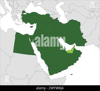 Mappa verde chiaro degli EMIRATI ARABI UNITI all'interno evidenziata mappa verde scuro del Medio Oriente Illustrazione Vettoriale