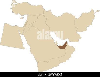 Mappa marrone scuro degli EMIRATI ARABI UNITI all'interno di una mappa marrone chiaro del Medio Oriente Illustrazione Vettoriale