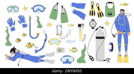 Set per immersioni. Uomini e donne che nuotano in tute d'acqua, maschere di ossigeno, serbatoi e attrezzature per immersioni e snorkeling. Snorkeling subacqueo. Line art ve Illustrazione Vettoriale