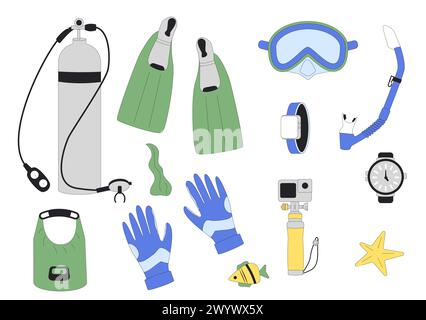 Set per immersioni. Maschere, bombole e attrezzature per immersioni e snorkeling. Sport subacqueo di snorkeling. Illustrazioni vettoriali d'arte a linee piatte isola Illustrazione Vettoriale