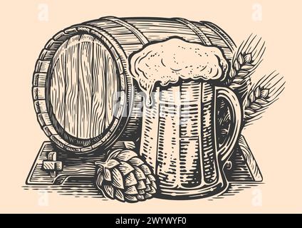 Tazza e barile di birra. Stile di schizzo disegnato a mano. Pub, illustrazione vettoriale del birrificio Illustrazione Vettoriale