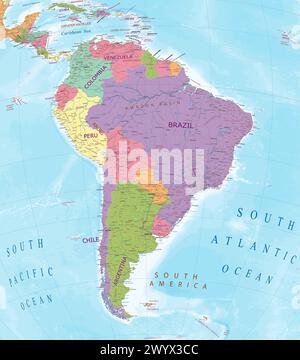 Mappa politica dettagliata del Sud America Illustrazione Vettoriale