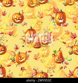 Happy Halloween Pumpkin senza cuciture. Illustrazione ad acquerello disegnata a mano Foto Stock