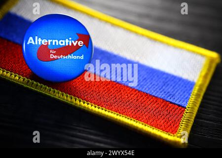 AFD Party Badge on A Flag of Russia, foto simbolica per Una possibile vicinanza dell'AfD alla Russia Foto Stock