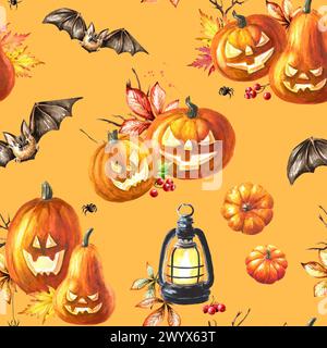 Happy Halloween Pumpkins senza cuciture. Illustrazione ad acquerello disegnata a mano Foto Stock