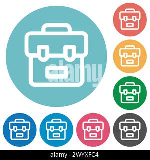 La borsa scolastica presenta icone bianche piatte su sfondi rotondi Illustrazione Vettoriale