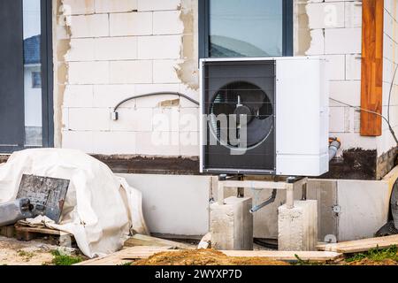 Pompa di calore a sorgente d'aria installata all'esterno di una nuova e moderna casa in costruzione, concetto di energia rinnovabile verde della pompa di calore Foto Stock