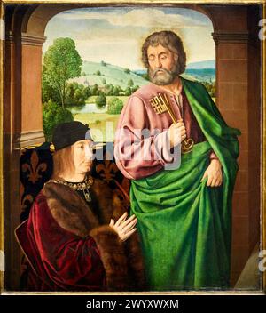 "Ritratto di Pierre II, signore di Beaujeu, duca di Borbone (1439-1503), presentato da San Pietro", 1492-1493, Jean HEY, identificato con il Maestro di Moulins, Musée du Louvre, Parigi, Francia, Europa. Foto Stock