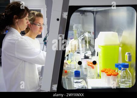 Hood BioMEMS laboratorio biologico ricerca di chimica superficiale e interazioni biologiche per biofunzionalizzazione BioMEMS unità microelettronica e microsistemi CEIT Centro di studi e ricerca tecnica Università di Navarra, Donostia, Gipuzkoa, Paesi Baschi, Spagna. Foto Stock