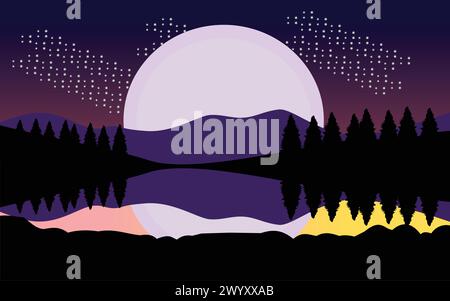 Paesaggio con fiume e montagne in stile piatto Vector Illustrazione Vettoriale