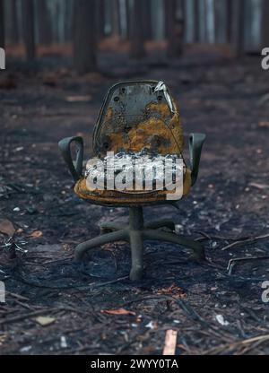 I resti di una sedia da ufficio dopo Un incendio della foresta in California Foto Stock