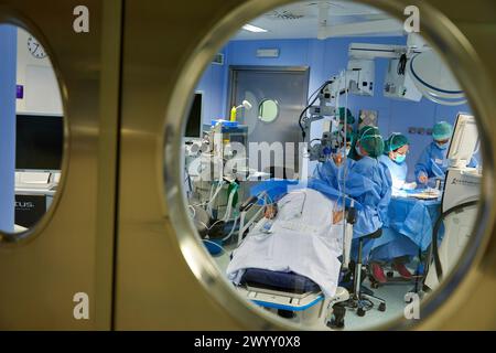 Intervento chirurgico di occhi, cataratte, teatro operatorio di oftalmologia, ospedale Donostia, San Sebastian, Gipuzkoa, Paesi Baschi, Spagna. Foto Stock