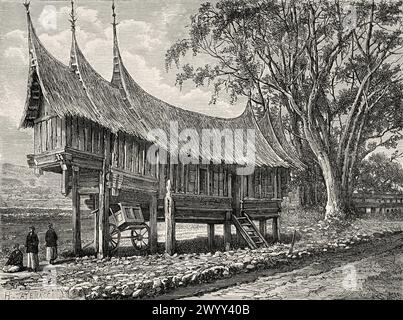 Una casa tradizionale a Alahan Pandjang, l'isola di Sumatra. Indonesia. Disegno di Catenacci. Attraverso l'isola di Sumatra 1877 di Daniel David Veth (1850 - 1885) le Tour du Monde 1880 Foto Stock