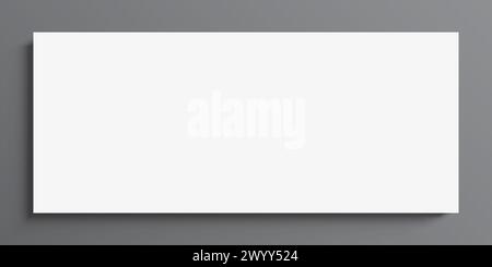 Striscione bianco vuoto appeso su uno sfondo grigio della parete. Mockup di banner vettoriali per il posizionamento orizzontale di immagini, immagini o testo. Illustrazione Vettoriale
