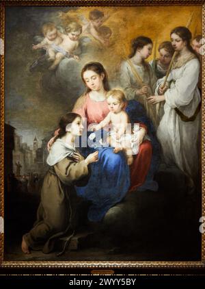 "La Vergine col bambino con Santa Rosa di Viterbo", 1670, Murillo, Museo Thyssen Bornemisza, Madrid, Spagna, Europa. Foto Stock