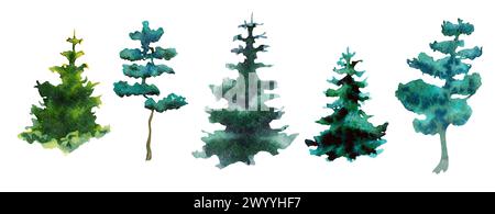 Set di alberi di pino ad acquerello, stile minimalista, vista laterale. Abete di Natale dell'anno nuovo. Illustrazione ad acquerello disegnata a mano, isolata su sfondo bianco. IT Foto Stock