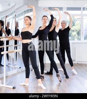 Gruppo di donne che praticano al balletto barre Foto Stock