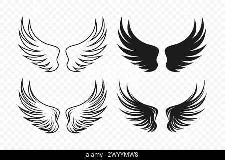 Ali vettoriali. Silhouette Angel Wings monocromatica nera. Modello di disegno, Clipart. Cupido, Bird Wings. Illustrazione vettoriale Illustrazione Vettoriale