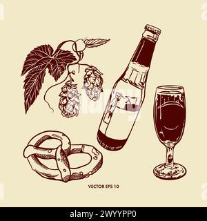 Birra, bottiglia, calice di vetro, pretzel, pianta di luppolo. Illustrazione vettoriale disegnata a mano in stile grafico. Progettazione di menu, carte di vini e birre, etichette, striscioni Illustrazione Vettoriale