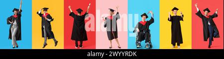 Gruppo di studenti laureati felici su sfondo a colori Foto Stock