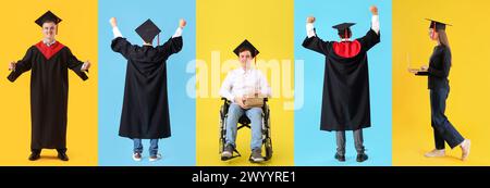 Gruppo di studenti laureati con sfondo giallo e blu Foto Stock