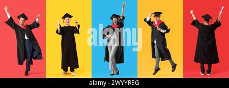 Collage di studenti laureati felici su sfondo a colori Foto Stock