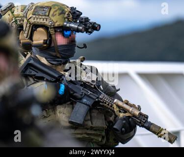 ADRIATIC SEA (12 marzo 2024) gli operatori navali di guerra speciale (SEAL) della costa orientale degli Stati Uniti conducono visite, consigli, ricerche e addestramento al sequestro con le forze per le operazioni speciali croate per aumentare le loro capacità marittime durante Trojan Footprint 24. Trojan Footprint è un'esercitazione di formazione multinazionale che riunisce le forze NATO e partner e dimostra la loro capacità di rispondere senza problemi a qualsiasi minaccia lanciata contro la libertà e la stabilità globali. Naval Special Warfare Group TWO produce, sostiene e dispiega le principali forze marittime delle operazioni speciali al mondo per condurre il pieno spettro Foto Stock