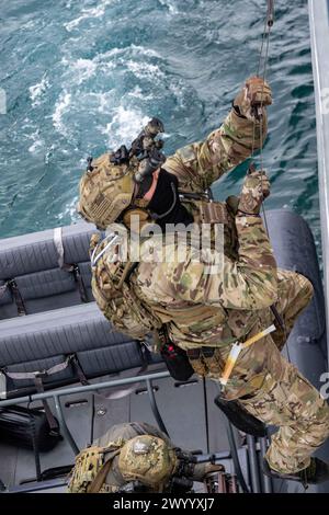 ADRIATIC SEA (12 marzo 2024) gli operatori navali di guerra speciale (SEAL) della costa orientale degli Stati Uniti conducono visite, consigli, ricerche e addestramento al sequestro con le forze per le operazioni speciali croate per aumentare le loro capacità marittime durante Trojan Footprint 24. Trojan Footprint è un'esercitazione di formazione multinazionale che riunisce le forze NATO e partner e dimostra la loro capacità di rispondere senza problemi a qualsiasi minaccia lanciata contro la libertà e la stabilità globali. Naval Special Warfare Group TWO produce, sostiene e dispiega le principali forze marittime delle operazioni speciali al mondo per condurre il pieno spettro Foto Stock