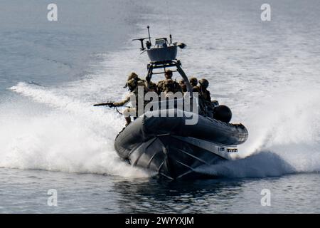 ADRIATIC SEA (12 marzo 2024) gli operatori navali di guerra speciale (SEAL) della costa orientale degli Stati Uniti conducono visite, consigli, ricerche e addestramento al sequestro con le forze per le operazioni speciali croate per aumentare le loro capacità marittime durante Trojan Footprint 24. Trojan Footprint è un'esercitazione di formazione multinazionale che riunisce le forze NATO e partner e dimostra la loro capacità di rispondere senza problemi a qualsiasi minaccia lanciata contro la libertà e la stabilità globali. Naval Special Warfare Group TWO produce, sostiene e dispiega le principali forze marittime delle operazioni speciali al mondo per condurre il pieno spettro Foto Stock
