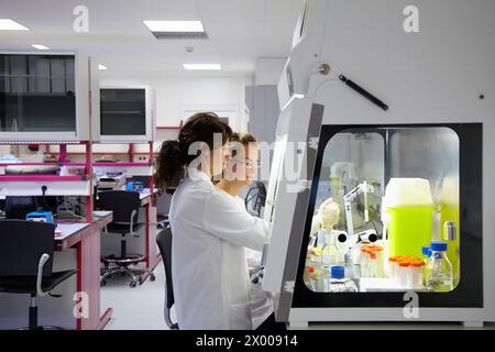 Hood BioMEMS laboratorio biologico ricerca di chimica superficiale e interazioni biologiche per biofunzionalizzazione BioMEMS unità microelettronica e microsistemi CEIT Centro di studi e ricerca tecnica Università di Navarra, Donostia, Gipuzkoa, Paesi Baschi, Spagna. Foto Stock