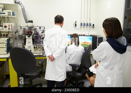 Insegnante e studenti. Microscopio ottico invertito. Con camera di incubazione per esperimenti in vivo. Tecniche avanzate quali TIRF, confocale, FRET, fotoattivazione e microiniezione. Laboratorio di bioingegneria e microbiologia. Unità Microelectronics e Microsystems. CEIT. Centro di studi e ricerca tecnica. Università di Navarra, Donostia, Gipuzkoa, Paesi Baschi, Spagna. Foto Stock