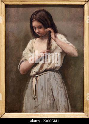 Jean-Baptiste Camille Corot, 1796-1875, Jeune fille à sa toilette, Young Girl at Her toilet, 1850-1875. , Museo Reina Sofia, Madrid, Spagna. Foto Stock