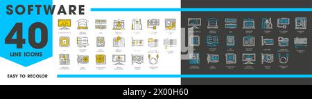 Icone di linea software e hardware dei componenti di computer PC e laptop, simboli vettoriali. Icona software digitale o hardware del computer del processore CPU e del disco dell'unità HDD, memoria SSD o scheda madre Illustrazione Vettoriale