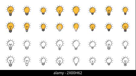 Le icone delle linee di lampadine, i simboli delle idee creative delle lampadine, trasmettono innovazione e creatività, illuminazione, immaginazione, intuizioni brillanti e pensiero innovativo. Set vettoriale di lampade a colori e monocromatiche Illustrazione Vettoriale