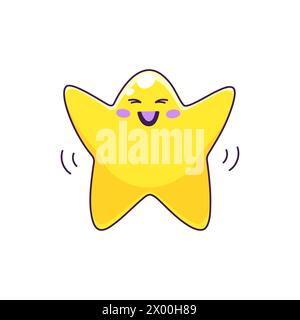 Cartoni animati, kawaii scintillanti, divertente personaggio emoji. Allegro bambino scintillante, appiccicoso con le mani della stella o mascotte vettoriale. Simbolo di classificazione utente personaggio divertente o personaggio comico Illustrazione Vettoriale