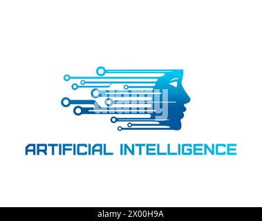 Icona dell'intelligenza artificiale AI, tecnologia dei dati. Emblema vettoriale isolato con profilo stilizzato della testa umana o robot con nodi o circuiti, che simboleggia reti neurali e algoritmi di apprendimento automatico Illustrazione Vettoriale