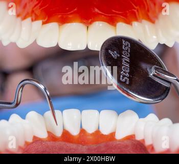 Un dentista esamina i denti, la vista dalla bocca del paziente, la vista ravvicinata. Foto Stock