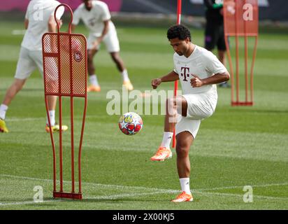 Monaco, Germania. 8 aprile 2024. Serge Gnabry del Bayern Monaco partecipa ad una sessione di allenamento in preparazione per la partita di andata dei quarti di finale di UEFA Champions League contro l'Arsenal a Monaco, Germania, 8 aprile 2024. Crediti: Philippe Ruiz/Xinhua/Alamy Live News Foto Stock