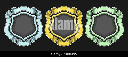 Set di emblemi Vector Heraldic, collezione di 3 illustrazioni isolate emblemi araldici con imitazione, gruppo di emblemi decorativi monocromatici di varietà Illustrazione Vettoriale