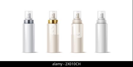 Flaconi spray in bianco con tappi in plastica trasparente Set di illustrazioni vettoriali realistiche. Contenitori per prodotti cosmetici oggetti 3d su sfondo bianco Illustrazione Vettoriale
